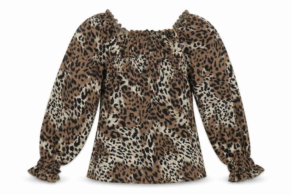 Front view of Pep&Co women’s brown animal print polyester basic blouse, size UK 8, off the shoulder