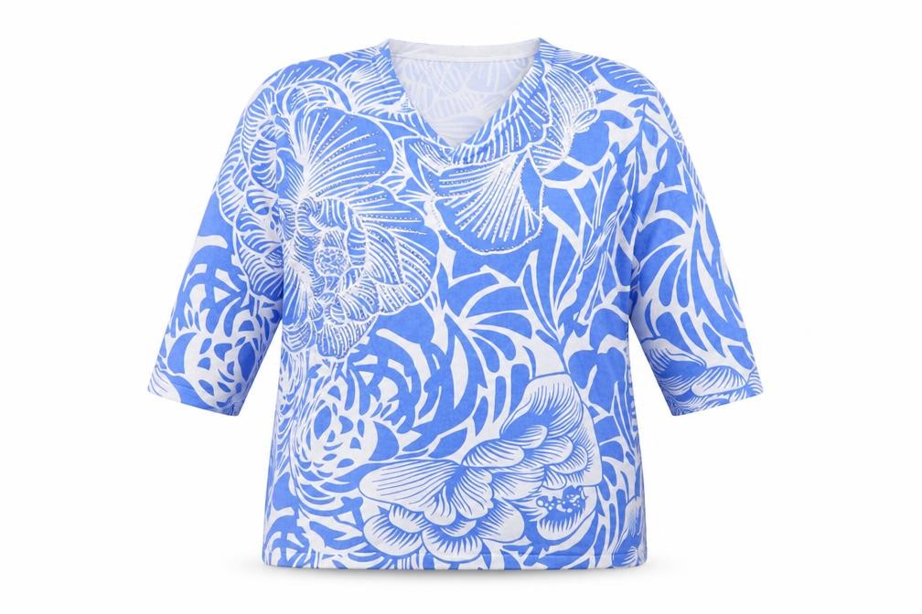 Front view of Gerard women’s blue geometric viscose pullover sweatshirt, size UK 18, pullover