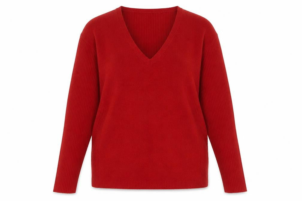 Front view of women’s red acrylic pullover sweatshirt, size UK 20, pullover