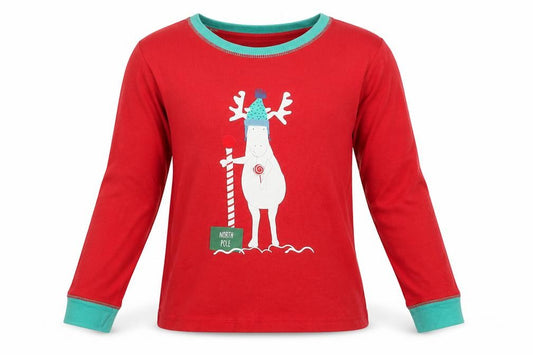 Front view of Leigh Tucker girls’ red cotton top pyjama top, size 5-6, years - north pole