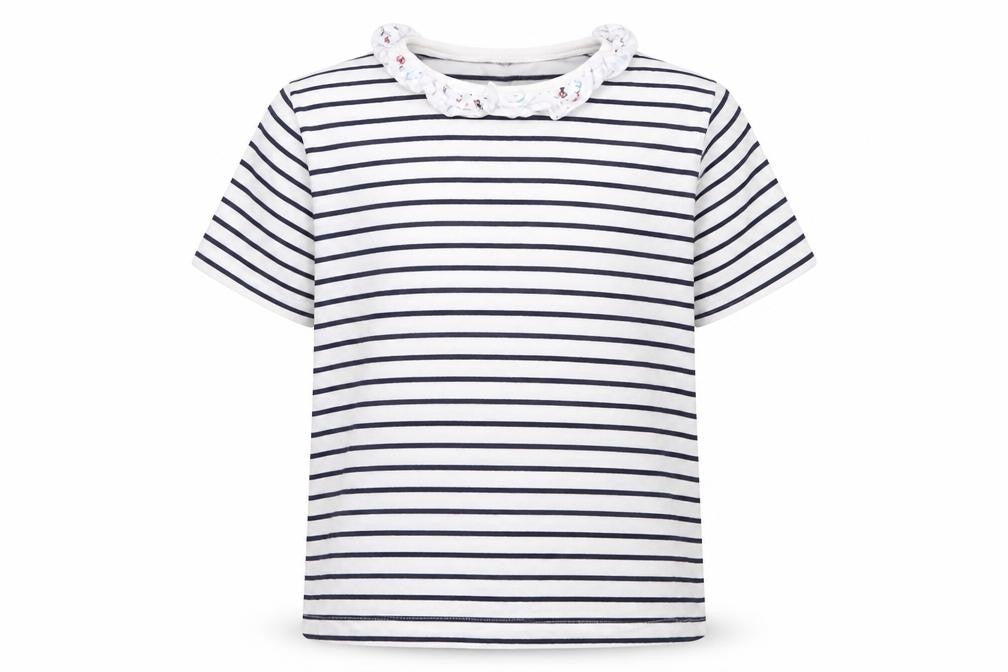 Front view of Lilly + Sid girls’ white striped cotton basic t-shirt, size 5-6, years collared