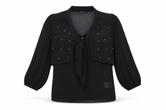 Front view of Beloved women’s black polyester basic button-up, size XS, v-neck