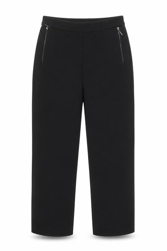 Front view of Cotton Brothers women’s black polyester cropped trousers, size XS, 22-inch leg regular zip