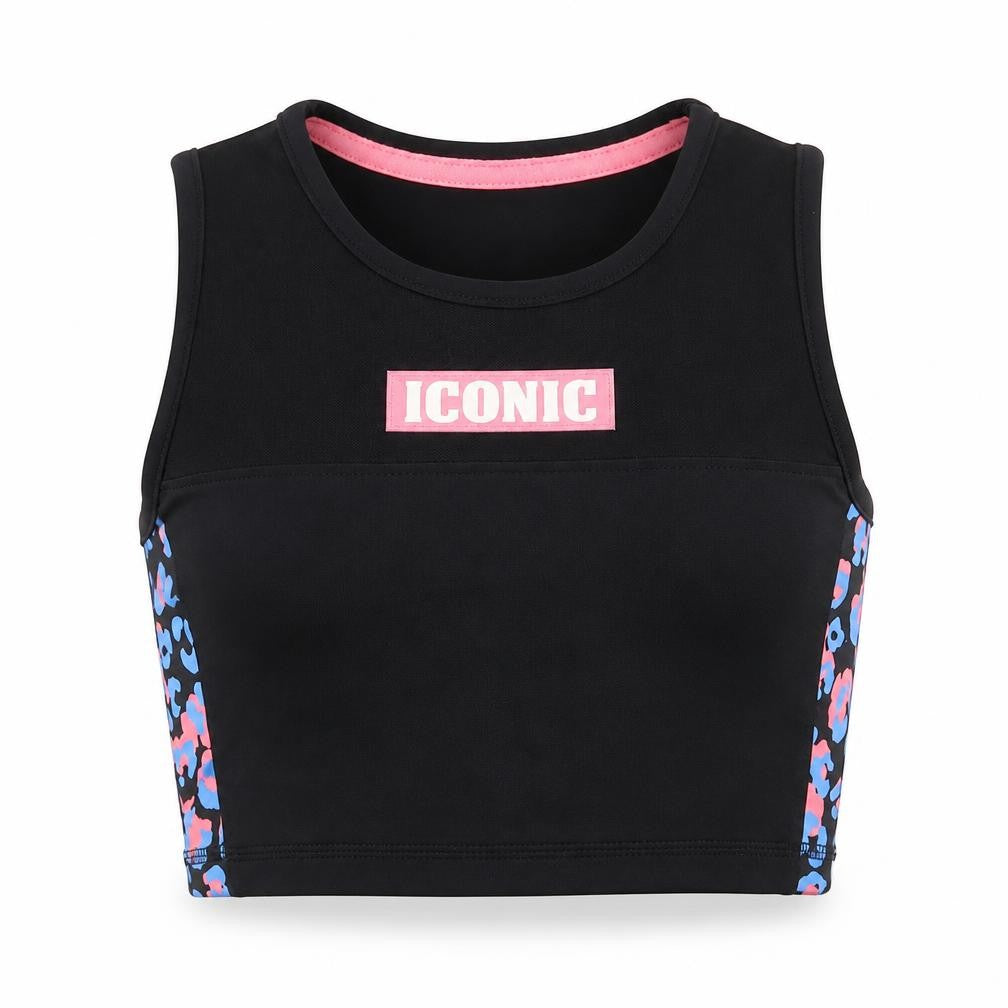 Miss E-vie Girls Black Animal Print Polyester Cropped Tank Size 6-7 Years Crew Neck