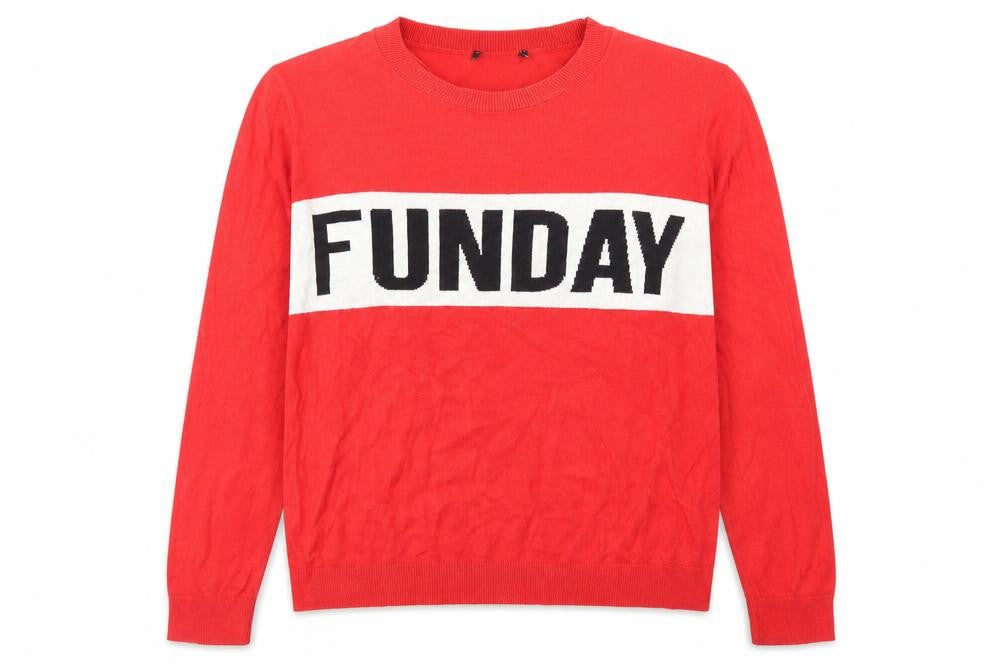 Front view of New Look women’s red crew neck acrylic jumper, size UK 12