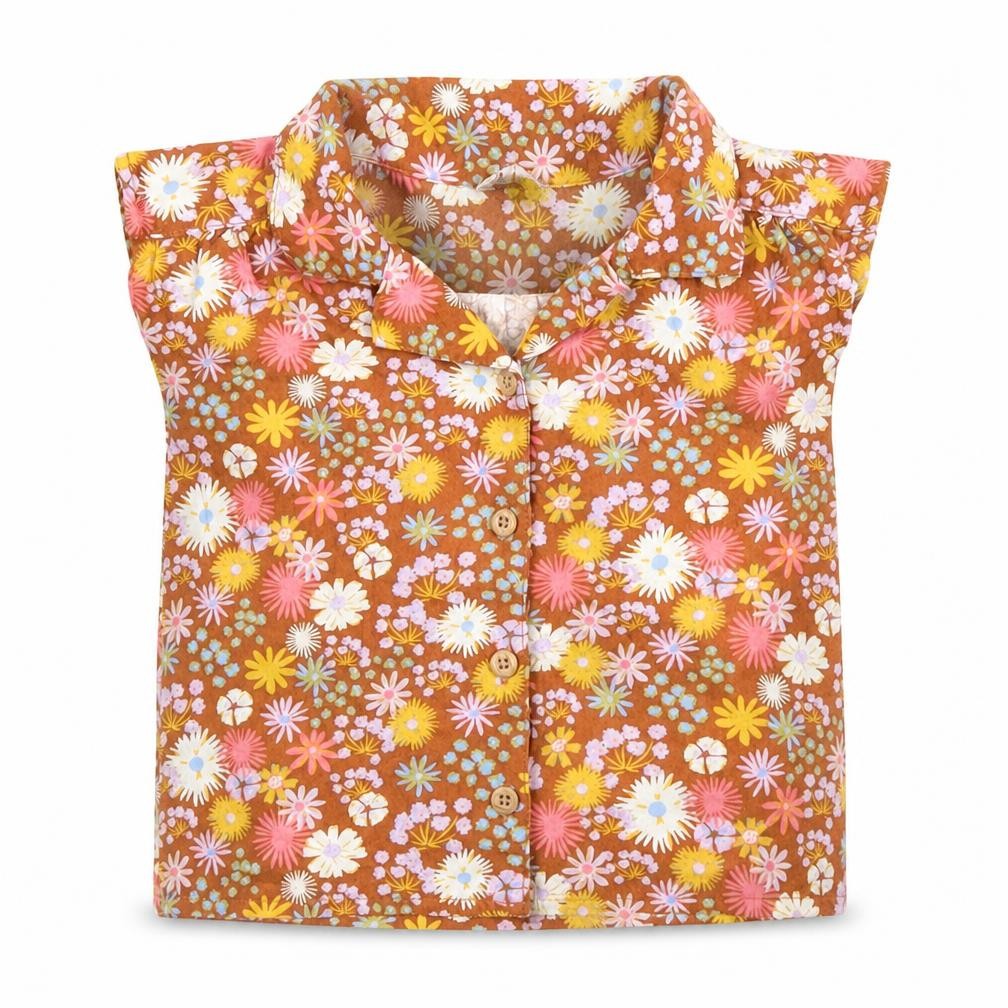 Front view of Sage x Clare girls’ brown floral plastic basic button-up, size 3, years collared button