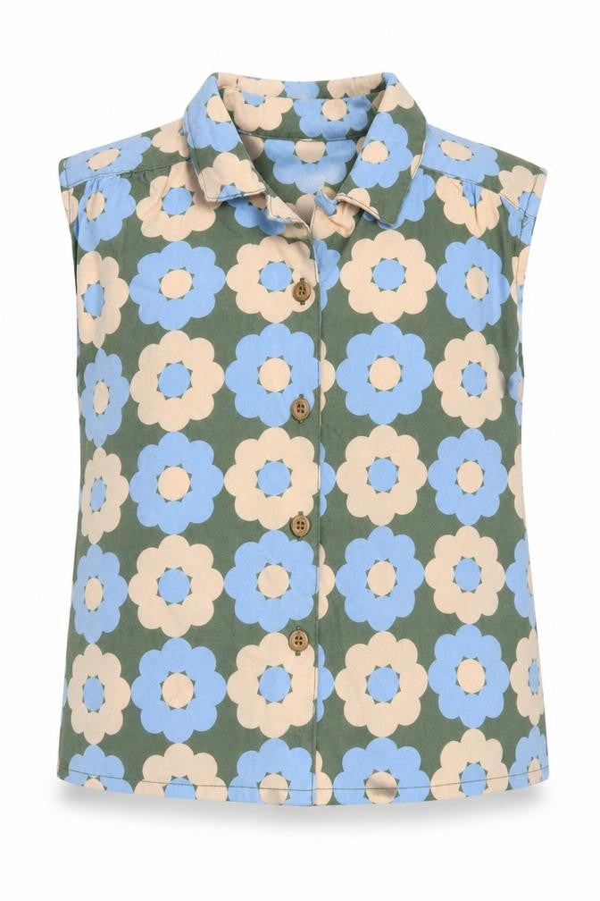 Front view of Sage x Clare girls’ green floral plastic basic button-up, size 3, years collared button