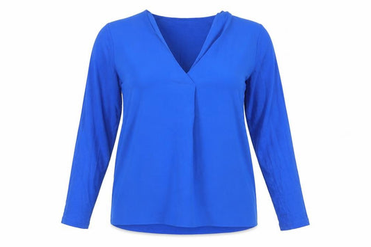 Front view of Dunnes women’s blue polyester basic blouse, size L, v-neck