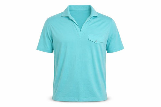 Front view of Emreco men’s beige polyester polo, size M, collared pullover