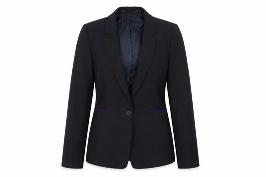Front view of Preworn women’s black polyester jacket suit jacket, size UK 10