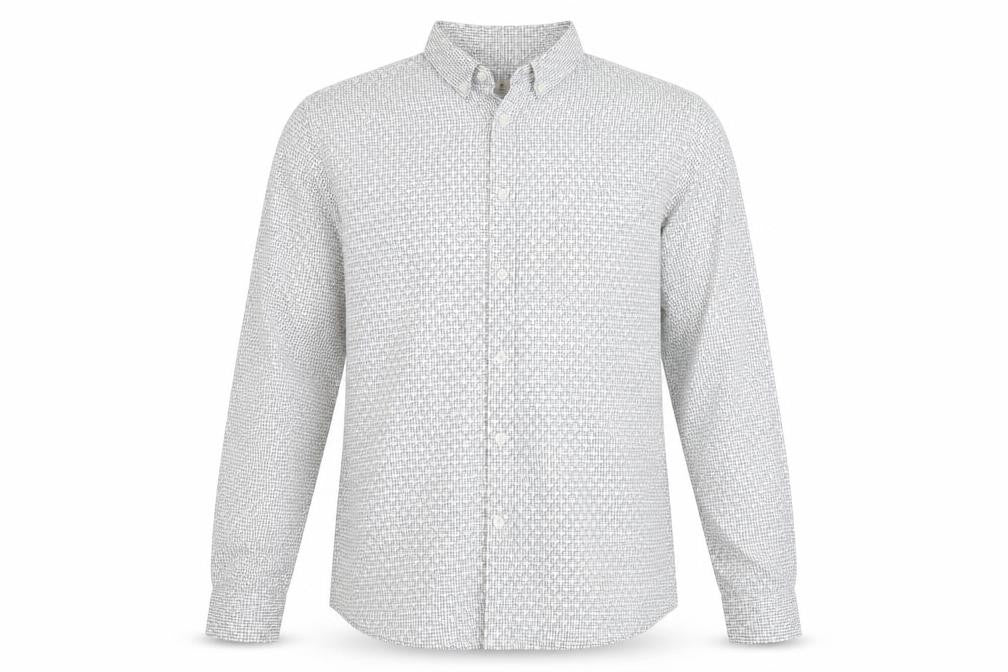 Front view of ACW 85 men’s white geometric cotton button-up, size XL, collared button
