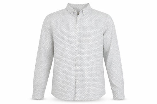 Front view of ACW 85 men’s white geometric cotton button-up, size XL, collared button