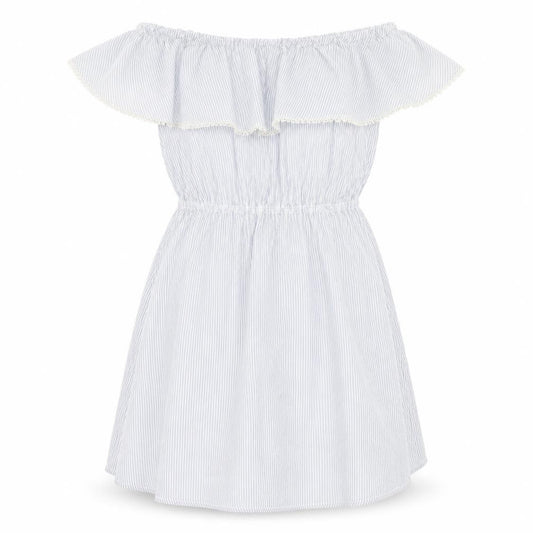 Front view of H&M women’s blue striped cotton fit & flare, size UK 36, off the shoulder
