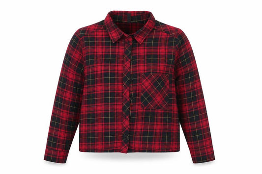 Front view of H&M women’s red check cotton basic button-up, size UK 36, collared
