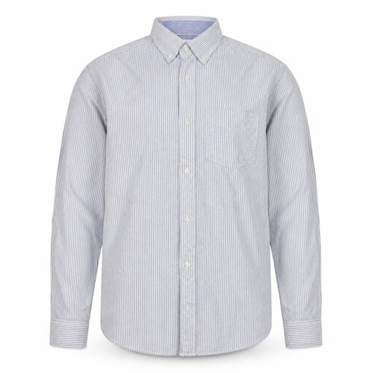 Front view of Next men’s blue striped cotton button-up, size S, collared button