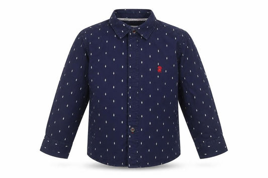Front view of Junior J boys’ blue spotted cotton basic button-up, size 3-4, years collared button