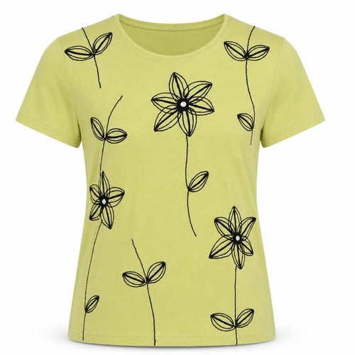 Marble Womens Green Floral Cotton Basic T-Shirt Size XS Round Neck