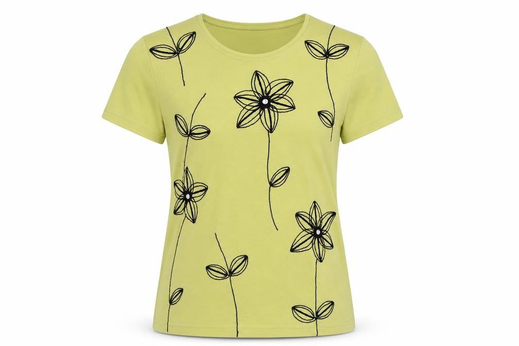 Marble Womens Green Floral Cotton Basic T-Shirt Size XS Round Neck