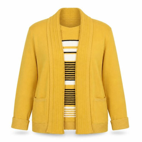 pure & natural Womens Yellow Round Neck Striped Acrylic Cardigan Jumper Size M   - Cardigan and Top All in One