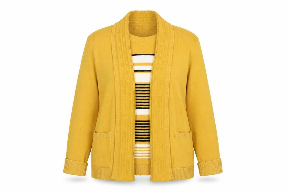 pure & natural Womens Yellow Round Neck Striped Acrylic Cardigan Jumper Size M   - Cardigan and Top All in One