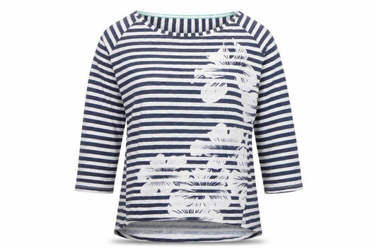 Front view of Per Una women’s multicoloured round neck striped polyester jumper, size UK 10