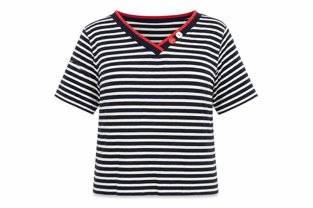 Front view of Jumper women’s multicoloured striped viscose basic t-shirt, size S, v-neck