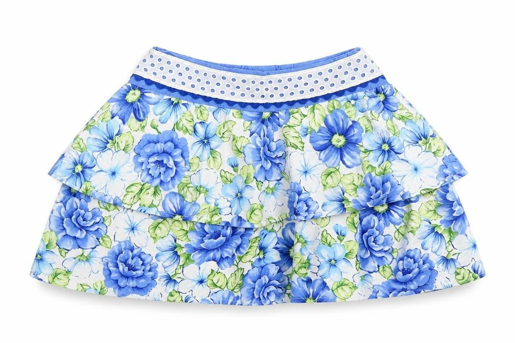 Front view of Preworn women’s multicoloured floral polyester mini skirt, size UK 10