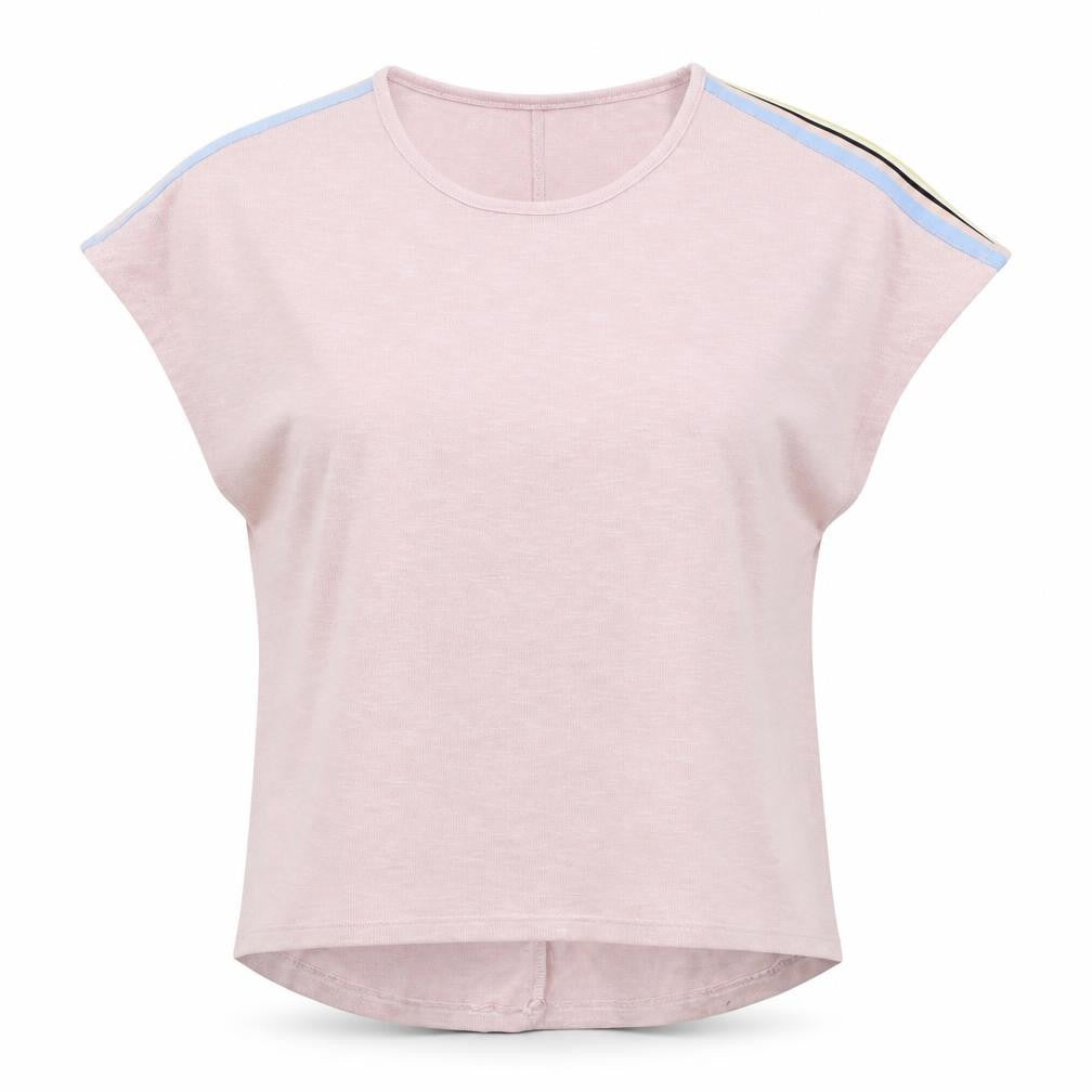 Front view of New Look women’s pink striped polyester basic t-shirt, size S, crew neck