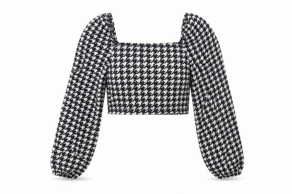 Front view of SHEIN women’s black herringbone polyester cropped blouse, size XS, square neck