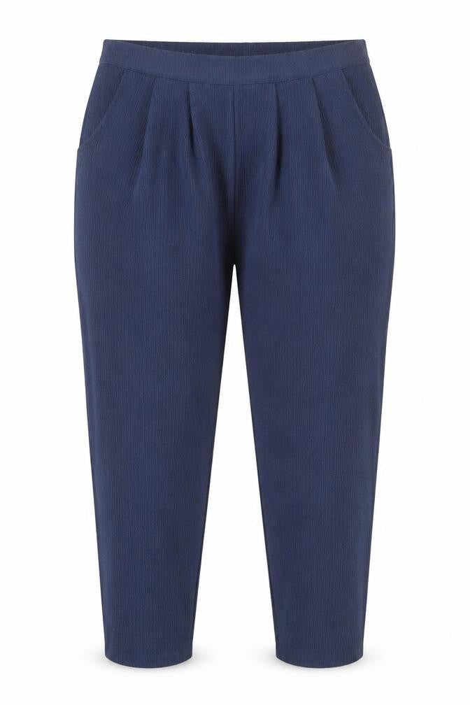Front view of bobnmarch women’s blue polyester trousers, size UK 16, 30-inch leg regular