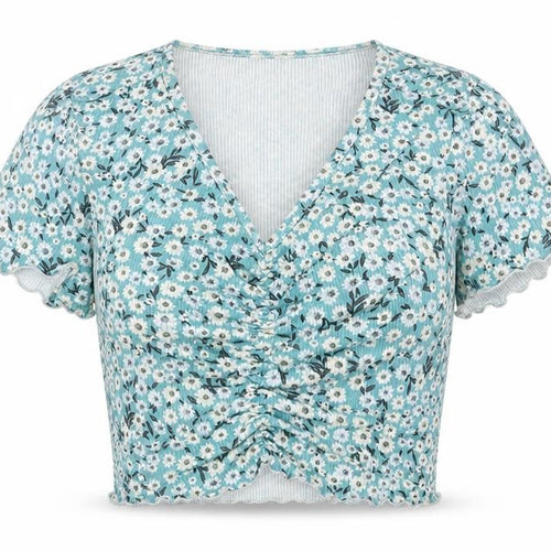 hsein Girls Blue Floral Polyester Cropped T-Shirt Size 14 Years V-Neck Pullover