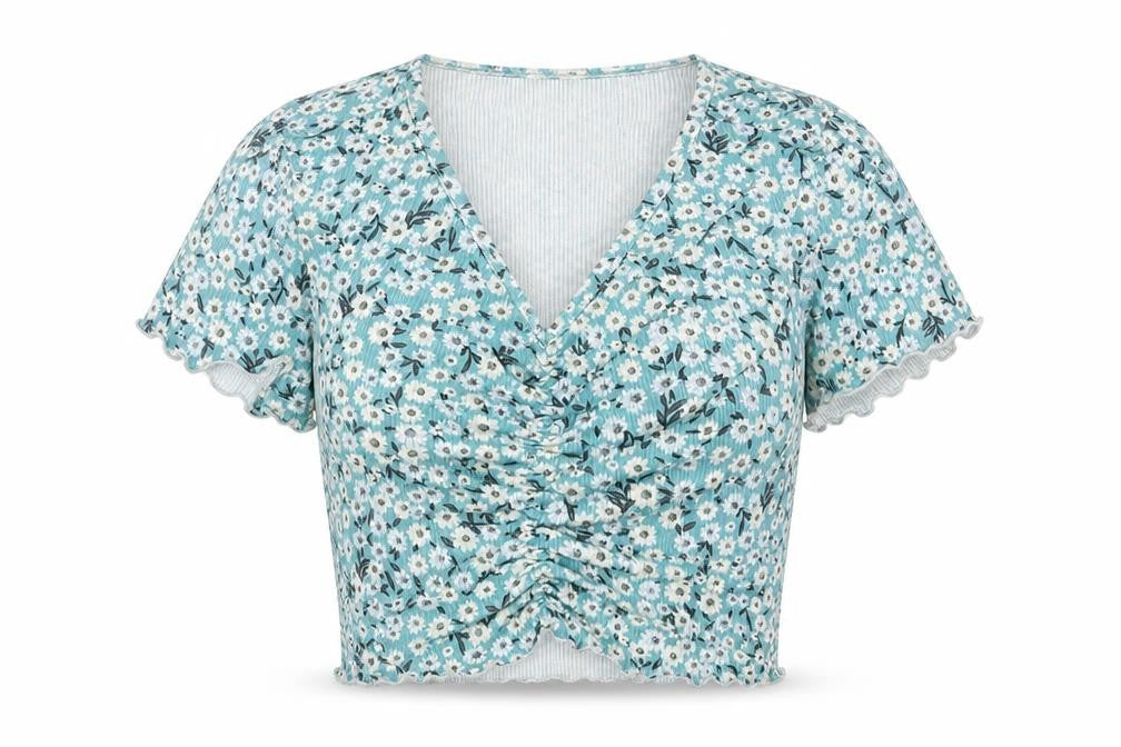hsein Girls Blue Floral Polyester Cropped T-Shirt Size 14 Years V-Neck Pullover