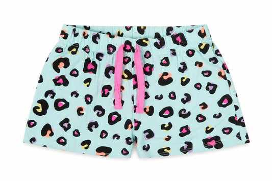 Front view of Dunnes girls’ blue animal print cotton cami sleep shorts, size 2-3, years tie