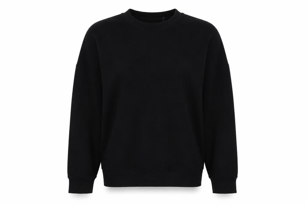 Front view of Primark women’s black crew neck cotton jumper, size UK 6