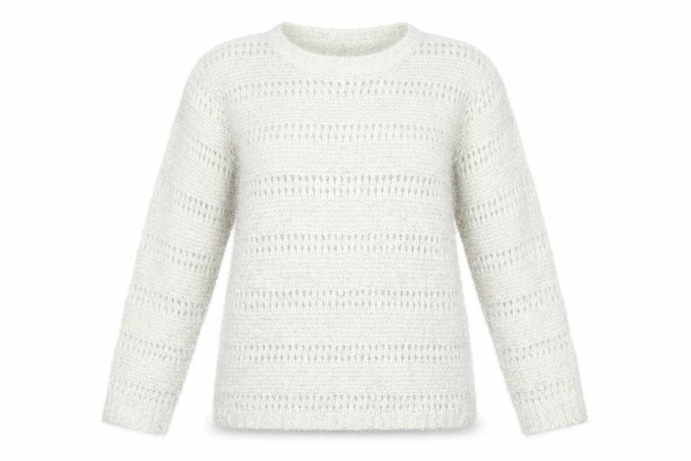 Front view of Quiz women’s white crew neck striped polyester jumper, size M