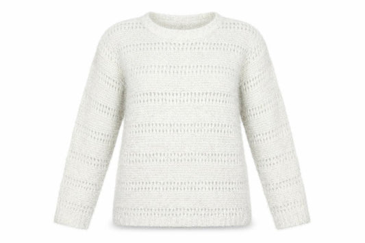 Front view of Quiz women’s white crew neck striped polyester jumper, size M