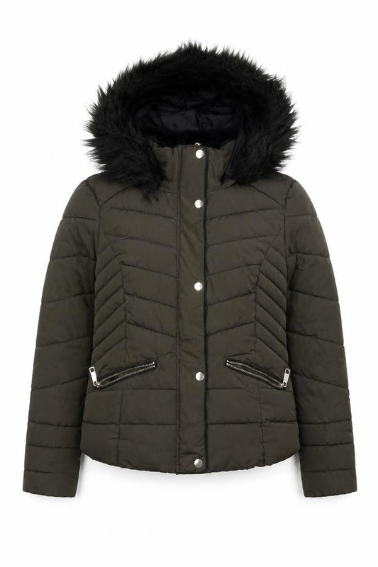 Front view of Primark women’s green quilted coat, size UK 4, lace up
