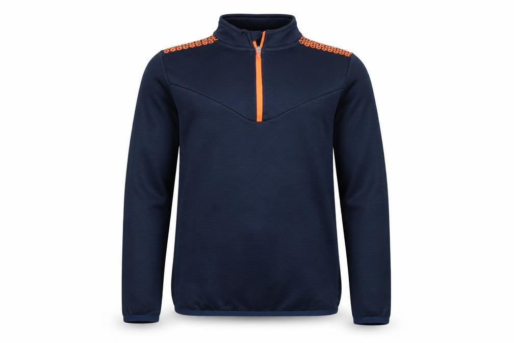 Front view of Dunnes boys’ blue polyester pullover sweatshirt, size 8-9, years zip