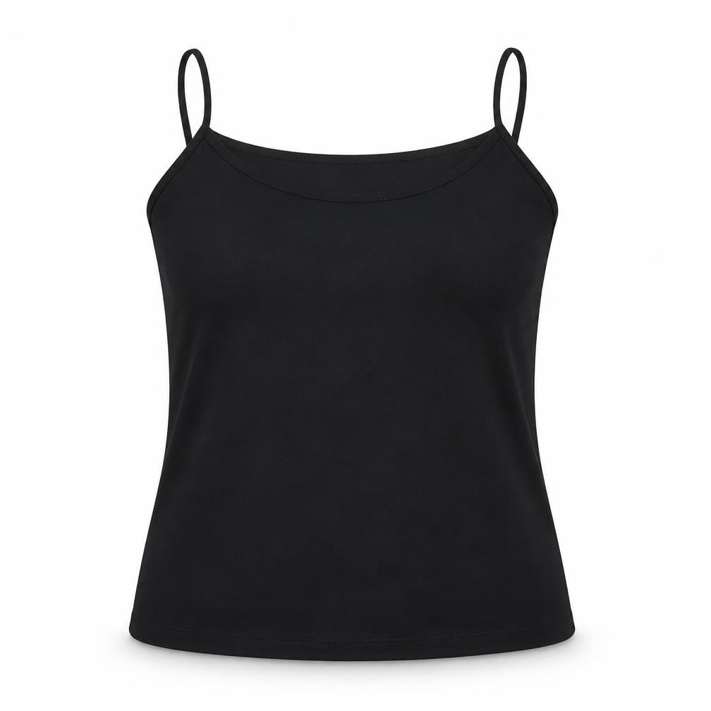 Front view of Tilber women’s black polyester camisole tank, size UK 14, round neck