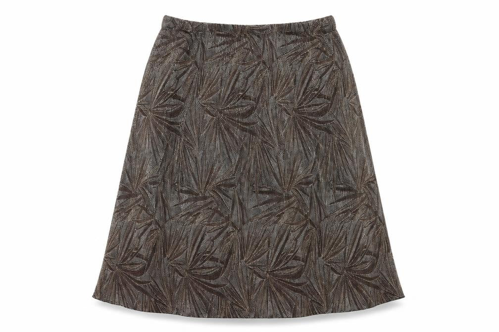 Front view of Dunnes women’s brown polyester flare skirt, size UK 16