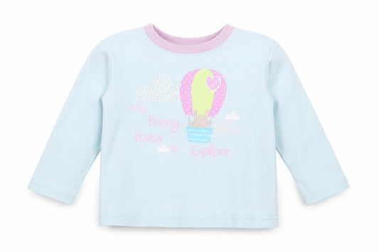 Front view of Dunnes girls’ blue cotton basic t-shirt, size 12-18, months round neck - bunny