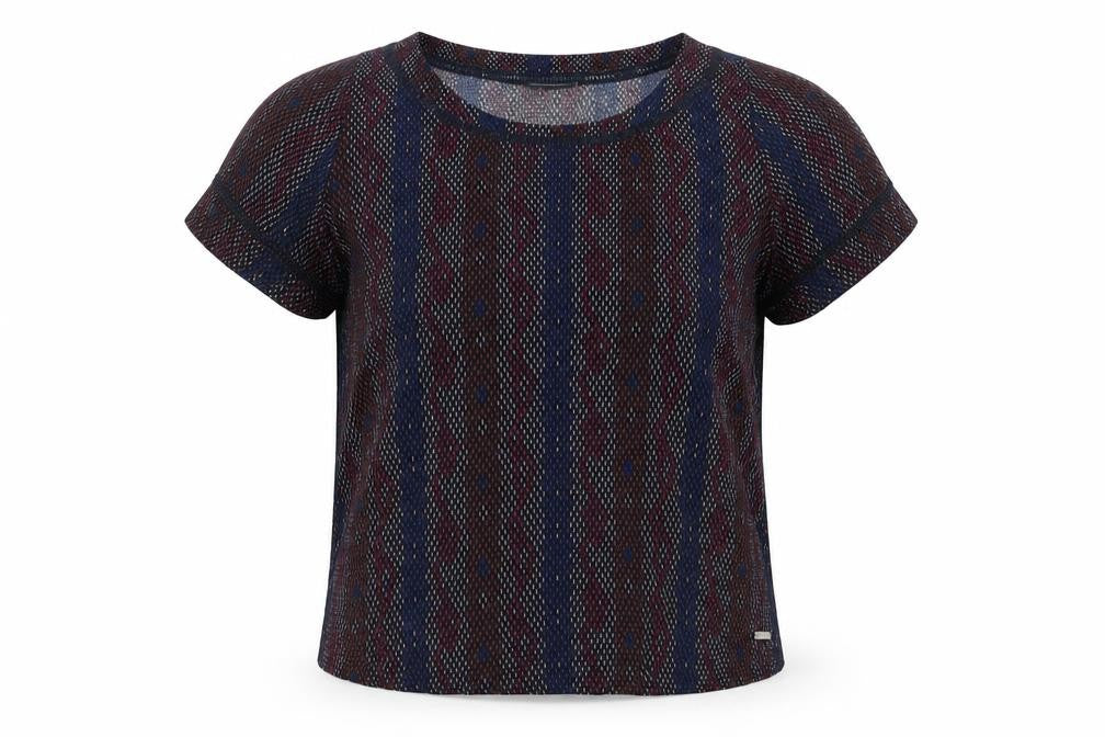 Front view of Broadway women’s multicoloured geometric viscose basic t-shirt, size S, crew neck