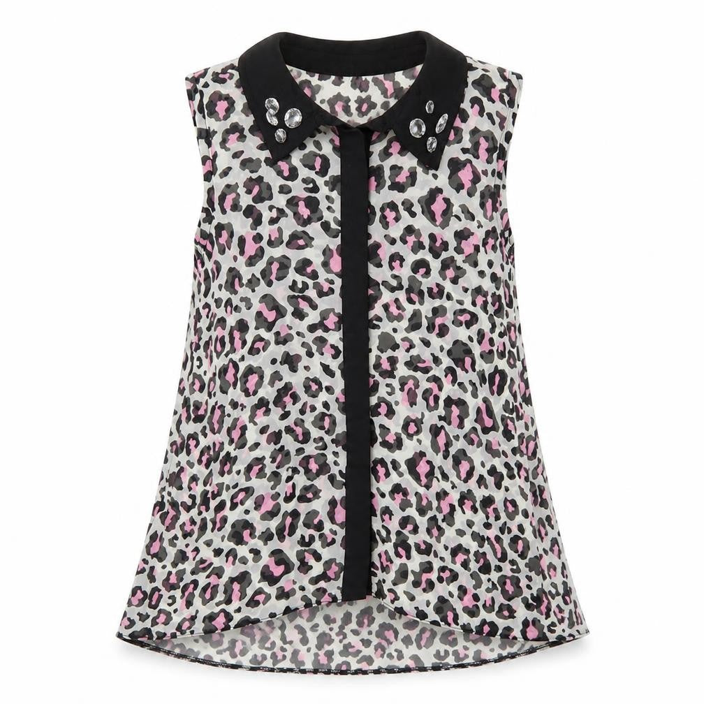 Candy Couture Girls Green Animal Print Polyester Basic Blouse Size 8-9 Years Collared Button