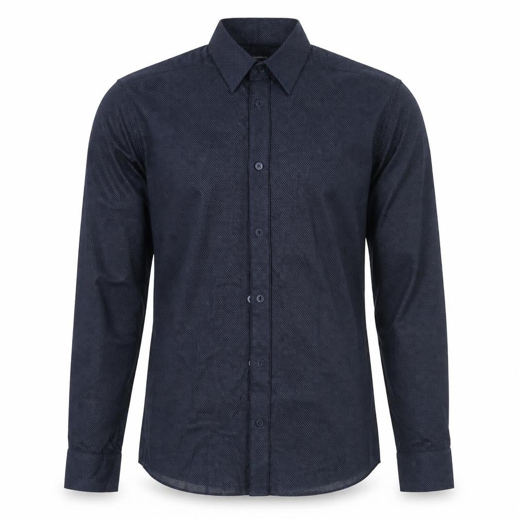 Front view of H&M men’s blue polka dot cotton button-up, size S, collared button