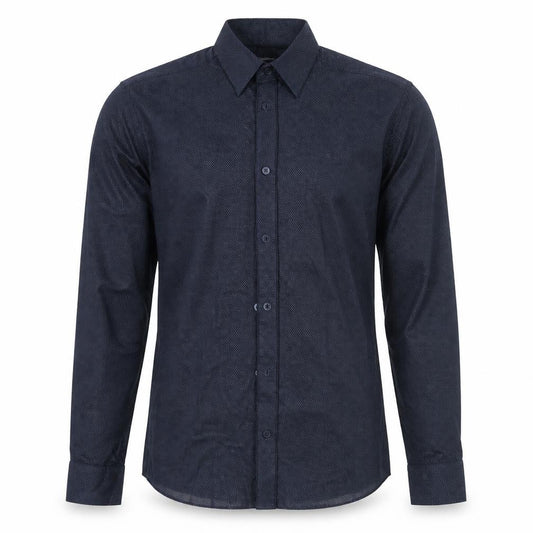Front view of H&M men’s blue polka dot cotton button-up, size S, collared button