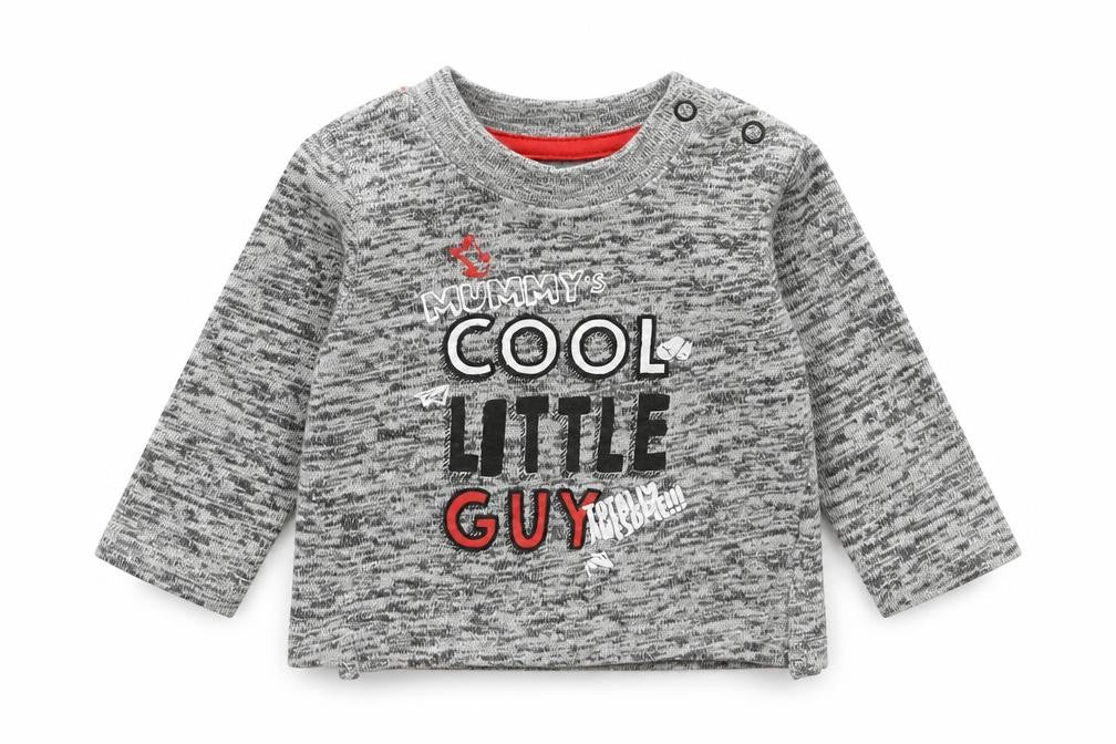 Front view of Primark boys’ grey cotton basic t-shirt, size 3-6, months crew neck snap