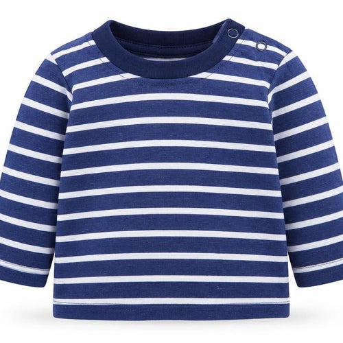 Early Days Boys Blue Striped Cotton Basic T-Shirt Size 0-3 Months Crew Neck Snap