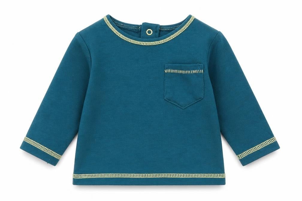 Front view of Next boys’ green cotton basic t-shirt, size 0-3, months crew neck snap