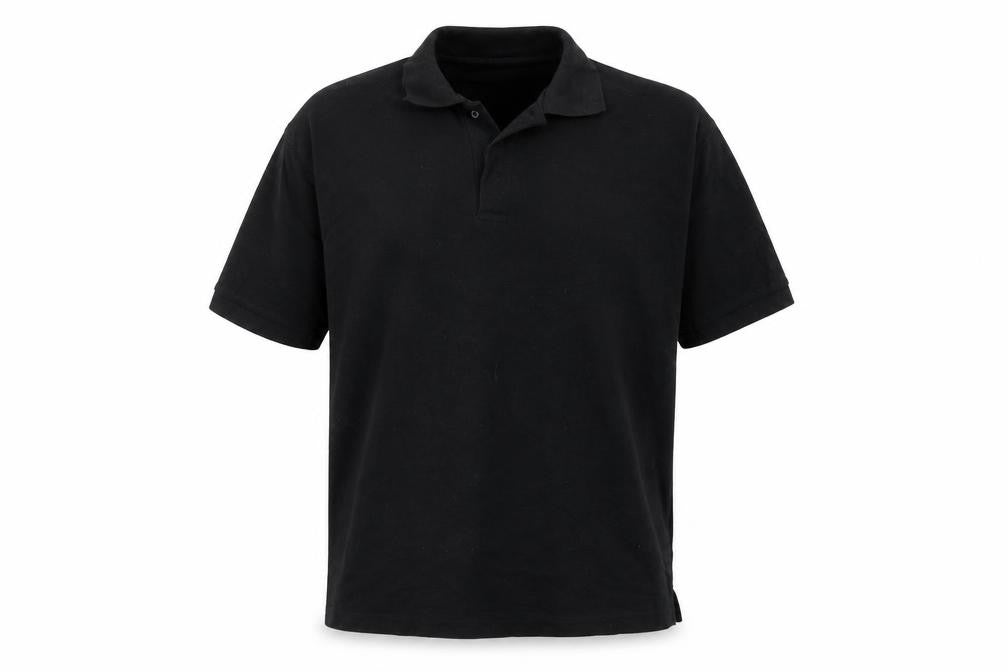 Front view of Man Essentials men’s black cotton polo, size L, v-neck pullover
