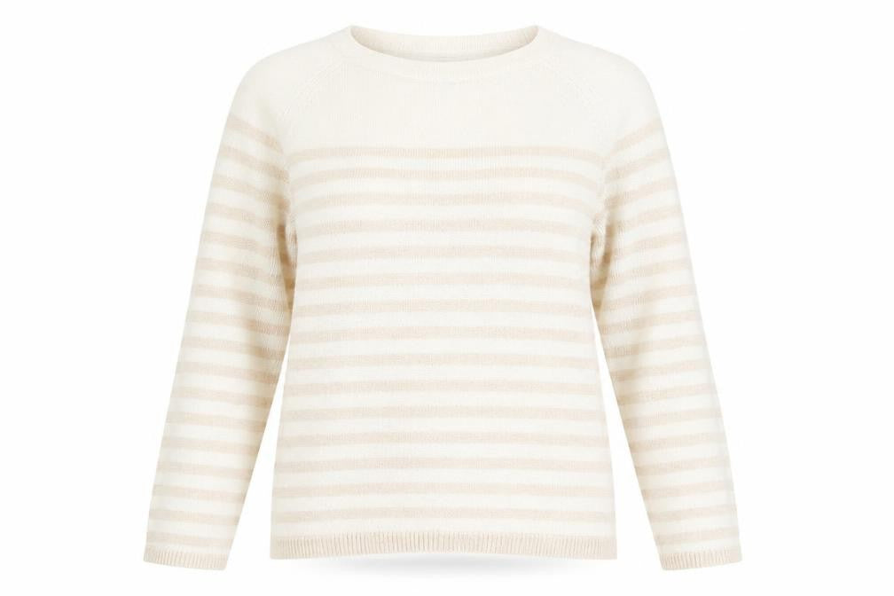 Front view of Gap women’s beige round neck striped cotton jumper, size M